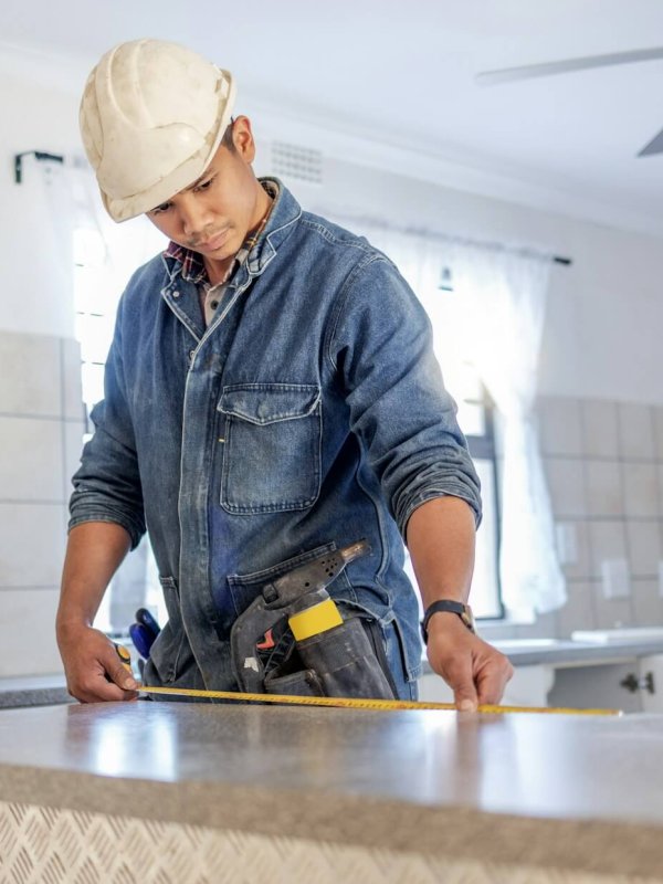 Construction, measurement and handyman doing home repair, renovation and building a counter. Servic